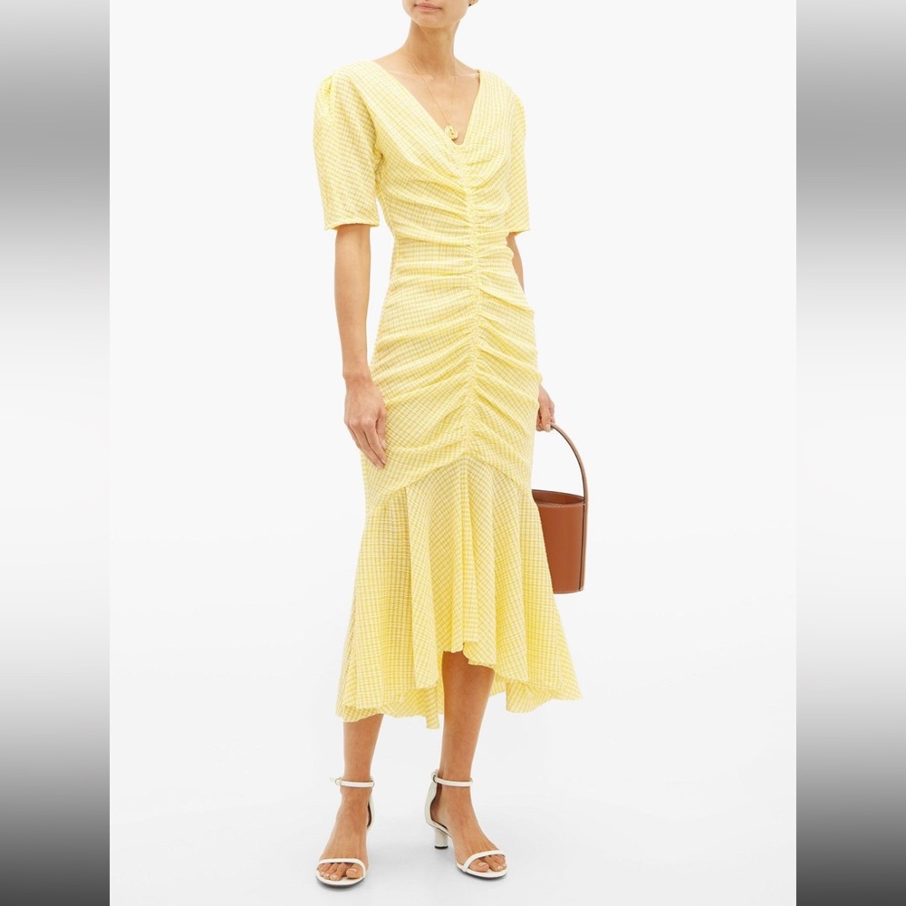 Gorgeous yellow gingham Staud feminine dress with fishtail hem